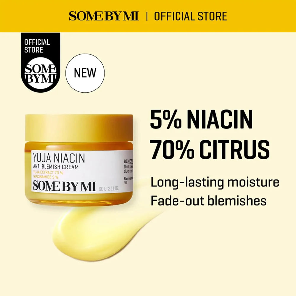 SomeByMi Yuja Niacin cream jar with product details on a beige background