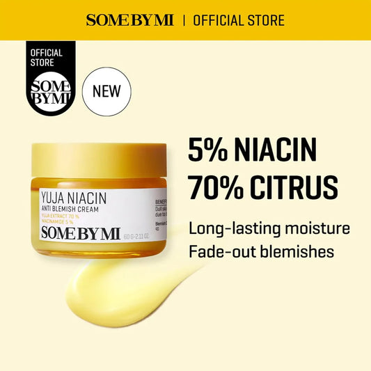 SomeByMi Yuja Niacin cream jar with product details on a beige background
