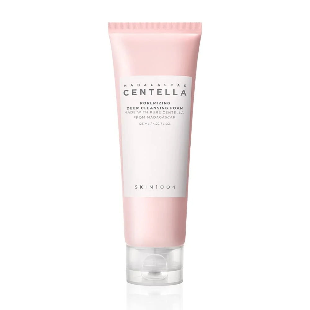 Pink tube of Madagascan Centella cleansing foam on a white background