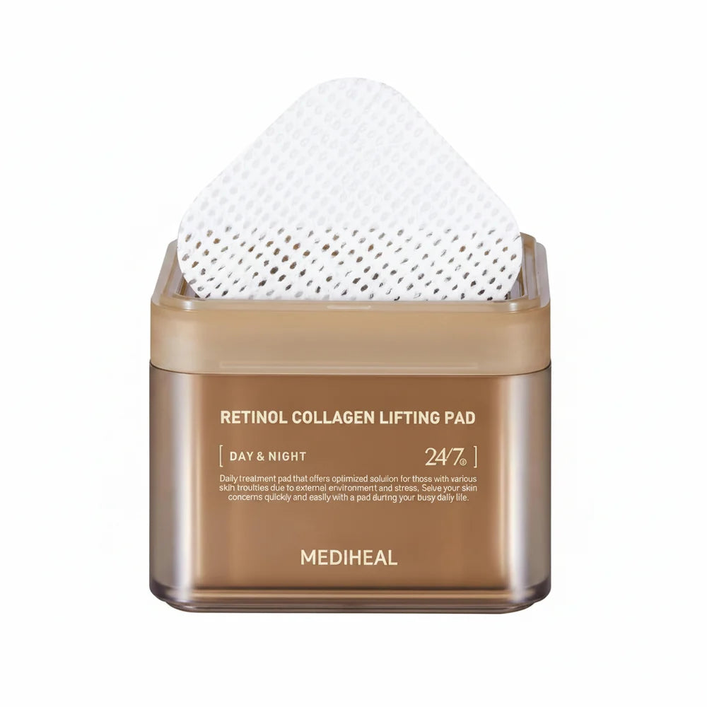 Mediheal Retinol Collagen Lifting Pad jar with a white triangular pad partially pulled out from a frosted beige-brown container on a white background.