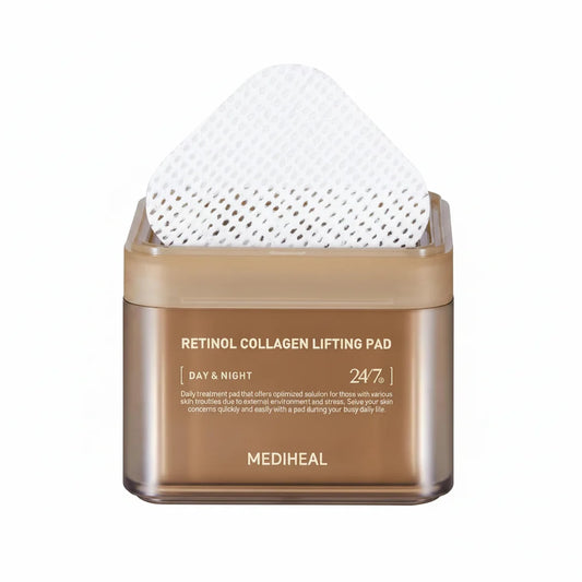 Mediheal Retinol Collagen Lifting Pad jar with a white triangular pad partially pulled out from a frosted beige-brown container on a white background.