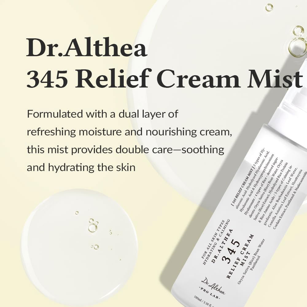 Dr. Althea 345 Relief Cream Mist with product packaging and text on a light background