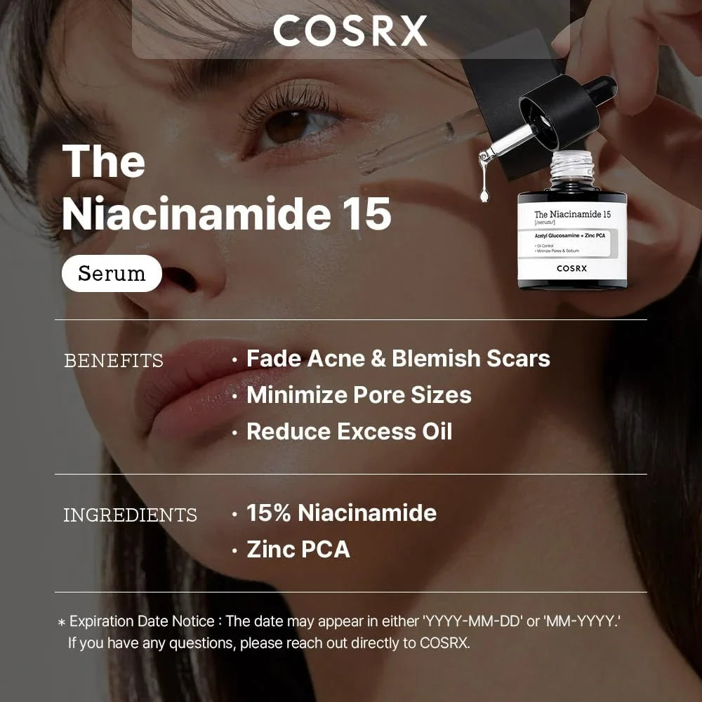 COSRX Niacinamide 15 Serum advertisement with product and benefits listed.
