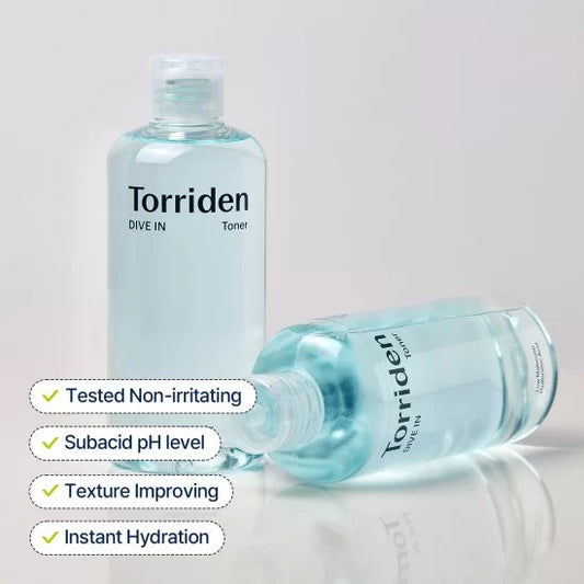 Torriden toner bottles on a reflective surface with product features listed.
