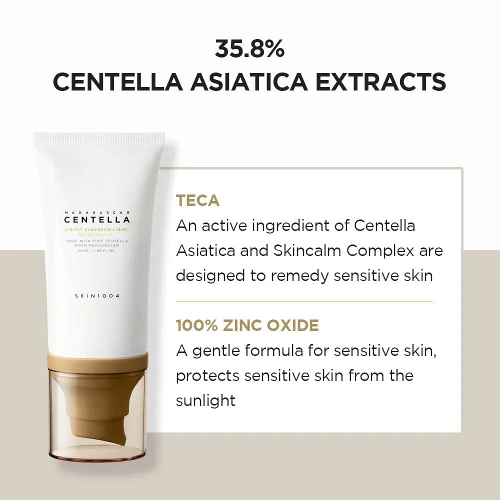 Skincare product with Centella Asiatica extracts and zinc oxide on a beige background
