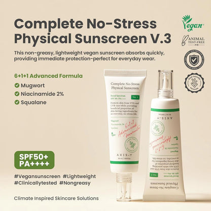 AXIS-Y Complete No-Stress Physical Sunscreen SPF50+ PA++++ – 50ml | Lightweight Mineral Sunscreen
