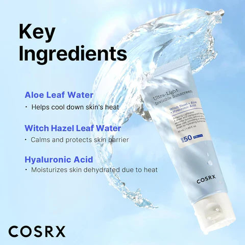 Cosrx sunscreen bottle with key ingredients listed on a blue background