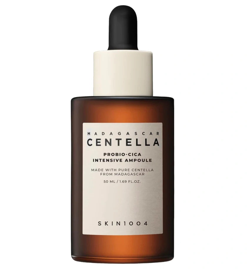 Skincare ampoule bottle with 'Madagascar Centella' label on a white background