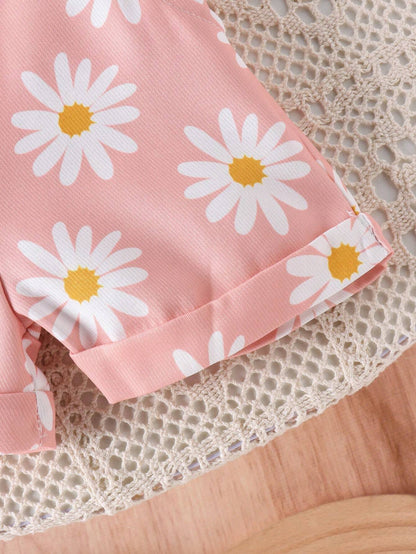 Buy 2pcs Baby Girls' Cute Short Sleeve Ruffle Bodysuit And Flower Print Overalls Set in Pakistan