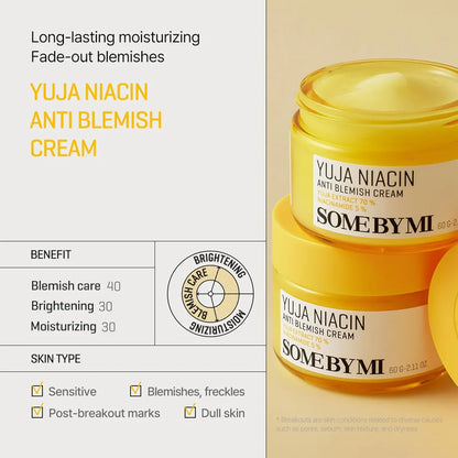 SomeByMi Yuja Niacin Anti Blemish Cream packaging with text on long-lasting moisturizing and blemish care.