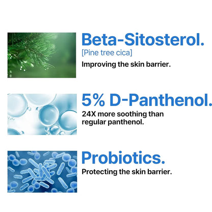 Advertisement for skincare ingredients including Beta-Sitosterol, D-Panthenol, and Probiotics with corresponding images and text.