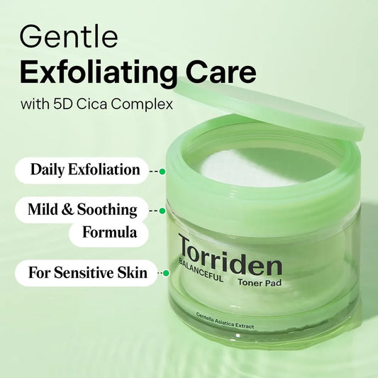 A jar of Torriden Balanceful Toner Pad with a translucent light green lid and clear container, shown on a pale green background with promotional text reading 'Gentle Exfoliating Care with 5D Cica Complex' and feature callouts.