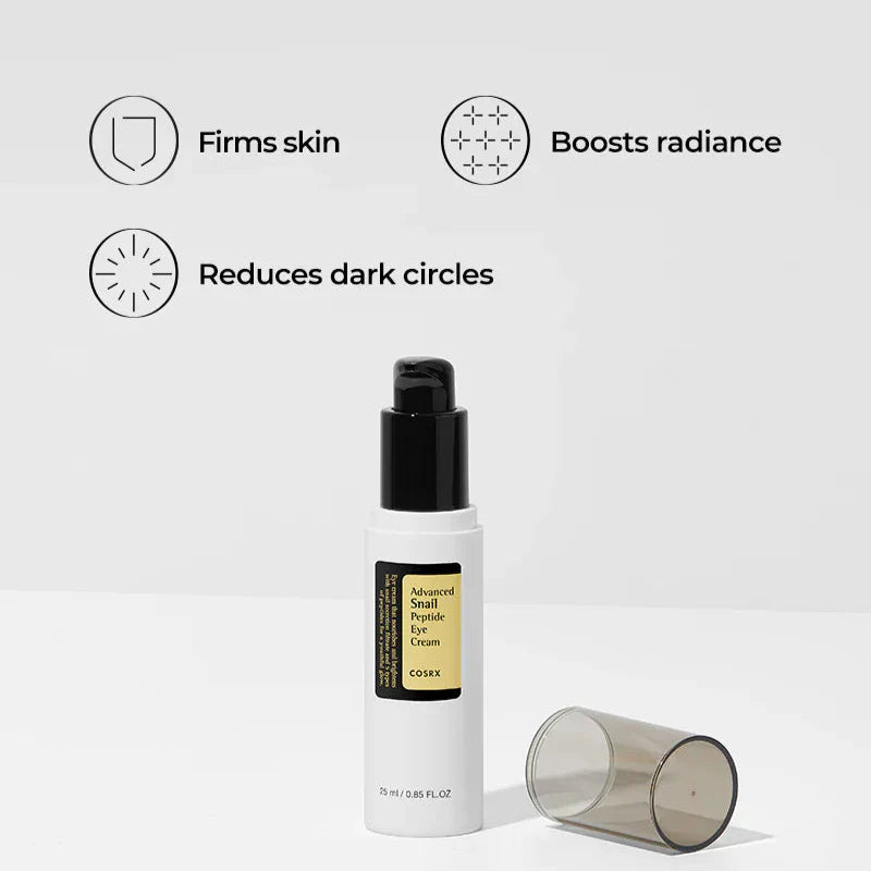 CosRX eye cream bottle with text indicating benefits on a white background