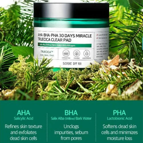 Skincare product jar labeled 'AHA BHA PHA 30 Days Miracle TruEccia Clear Pad' surrounded by greenery.