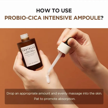 Person using a probio-cica intensive ampoule with text on how to use it.