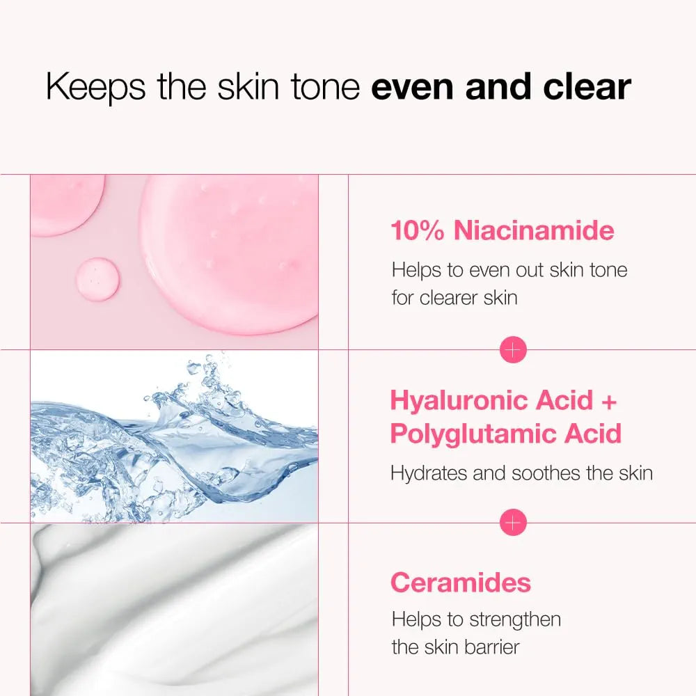 Product advertisement highlighting ingredients for skin care with pink and blue elements.