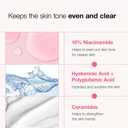 Product advertisement highlighting ingredients for skin care with pink and blue elements.