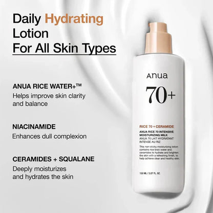 Anua Rice 70 Intensive Moisturizing Milk – 150ml | Hydrating Rice, Ceramide & Niacinamide Face Lotion