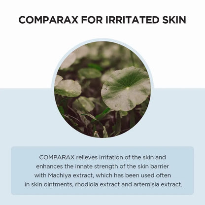 Product advertisement for COMPARAX for irritated skin with a close-up of leaves and descriptive text.