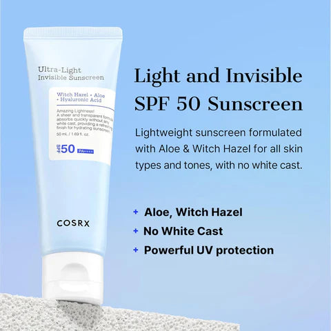 COSRX sunscreen tube with product details on a blue background