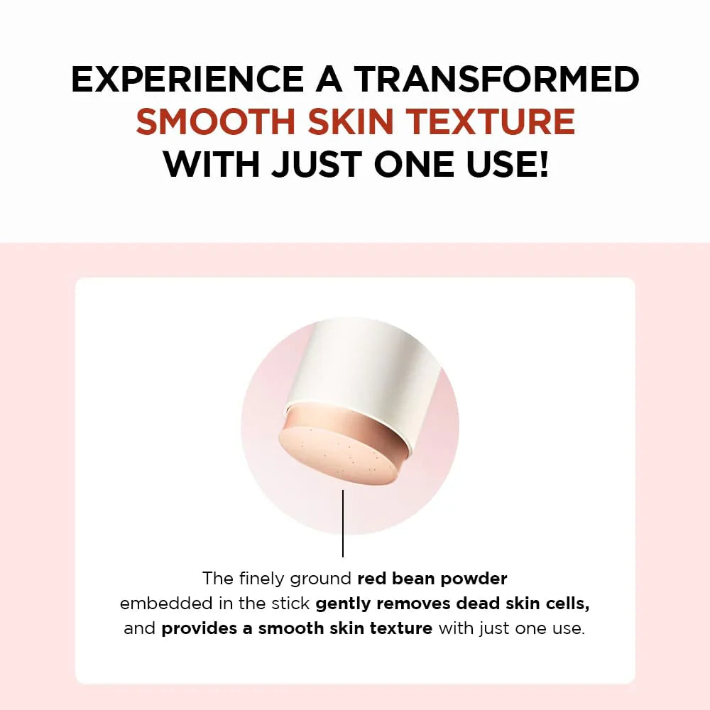 Product advertisement with text about smooth skin texture and a close-up of a white stick.