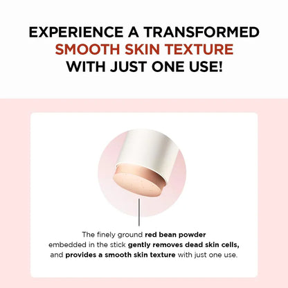 Product advertisement with text about smooth skin texture and a close-up of a white stick.