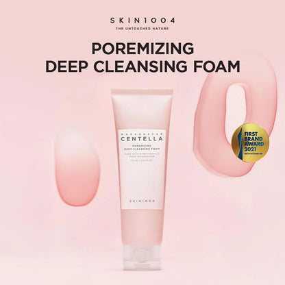 SKIN1004 Poremizing Deep Cleansing Foam on a pink background with brand logo and product details.