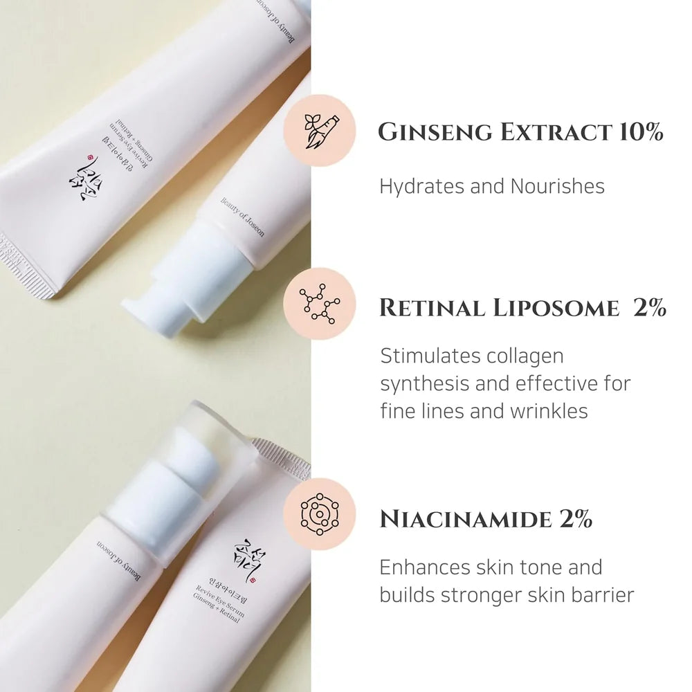 Skincare products with ginseng extract, retinal liposome, and niacinamide ingredients on a light background.