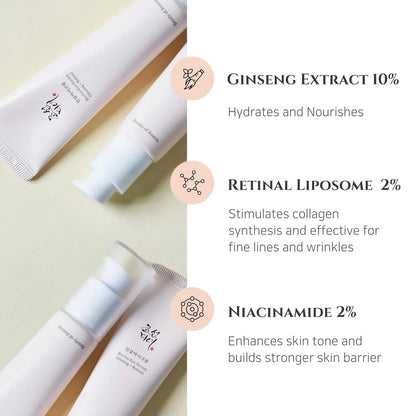 Skincare products with ginseng extract, retinal liposome, and niacinamide ingredients on a light background.