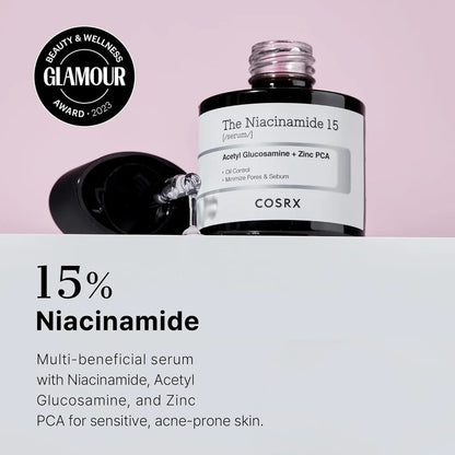 Cosrx Niacinamide 15 serum bottle with Glamour award badge on pink background