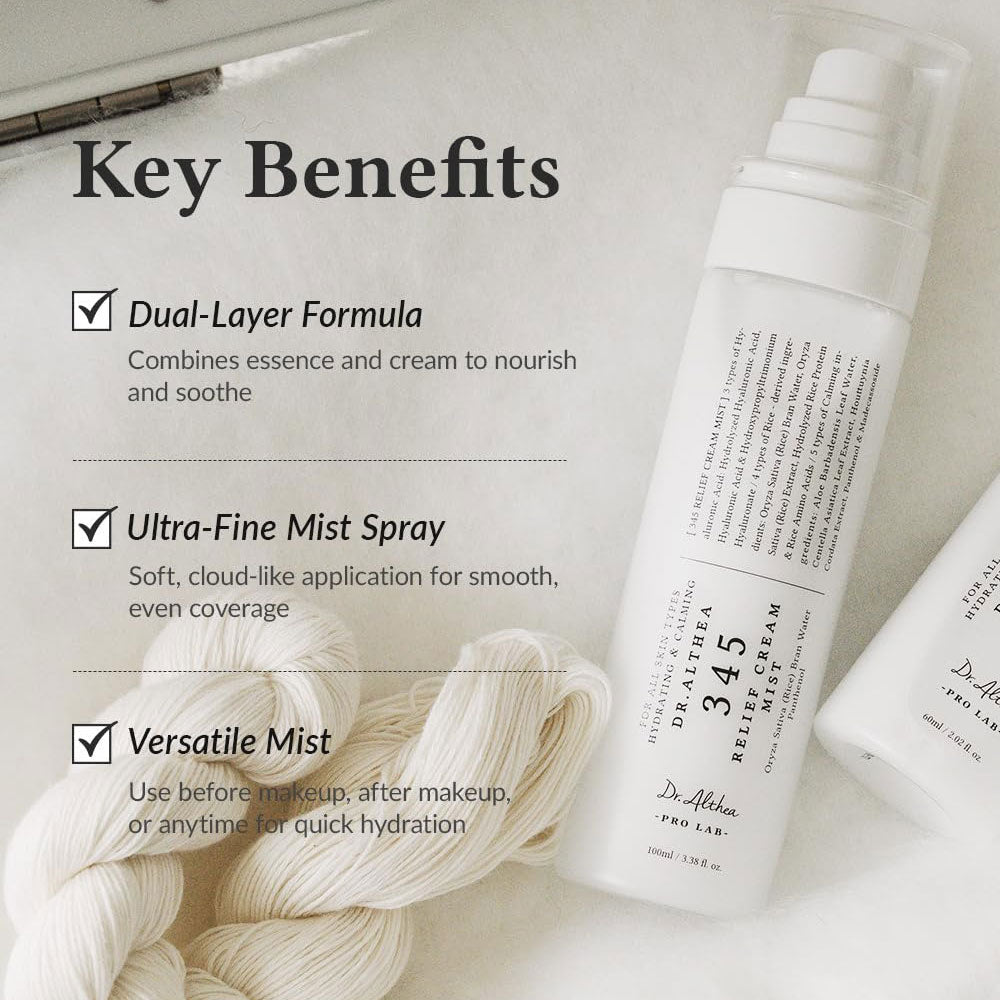 Cosmetic product with text detailing key benefits on a neutral background
