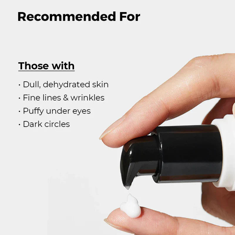 Hand applying cream from a black and white container with text about skin conditions it's recommended for.