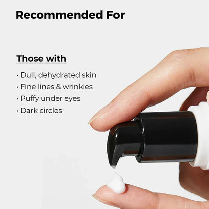 Hand applying cream from a black and white container with text about skin conditions it's recommended for.
