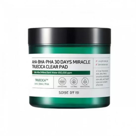 Green jar with black lid labeled 'AHA BHA PHA 30 Days Miracle Truecica Clear Pad' on a white background