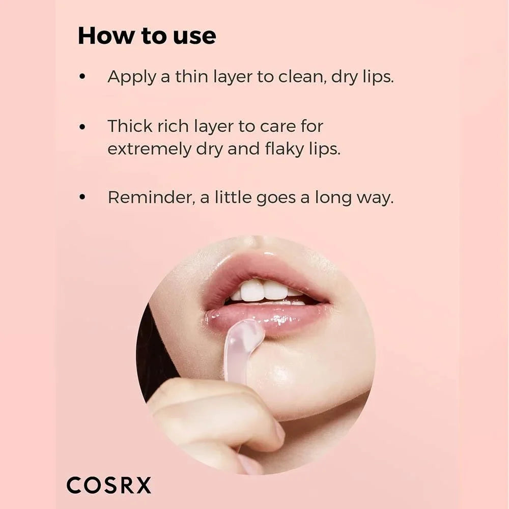 A pink instructional graphic with the heading 'How to use' and bullet points explaining lip care application. A circular inset shows a close-up of lips using a translucent lip product, and the brand name COSRX appears at the bottom left.