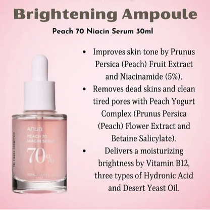 Anua Peach 70% Niacinamide Serum – 30ml | Brightening, Hydrating & Glass Skin Serum – Made in Korea