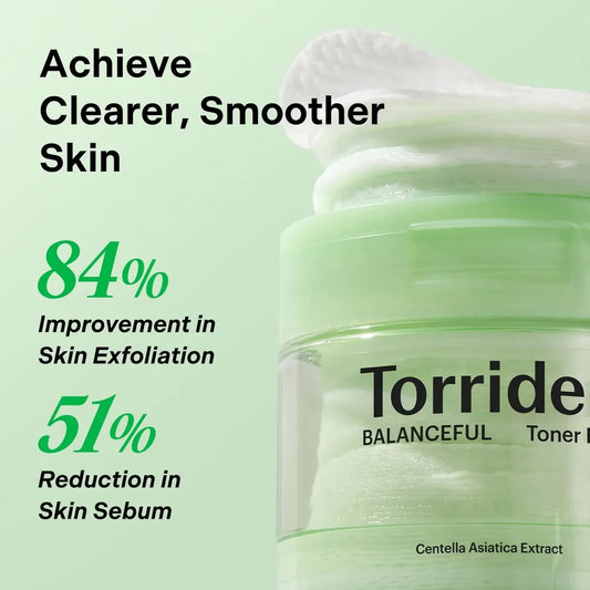 Jar of Torride Balanceful Toner with skincare benefits text on a light green background