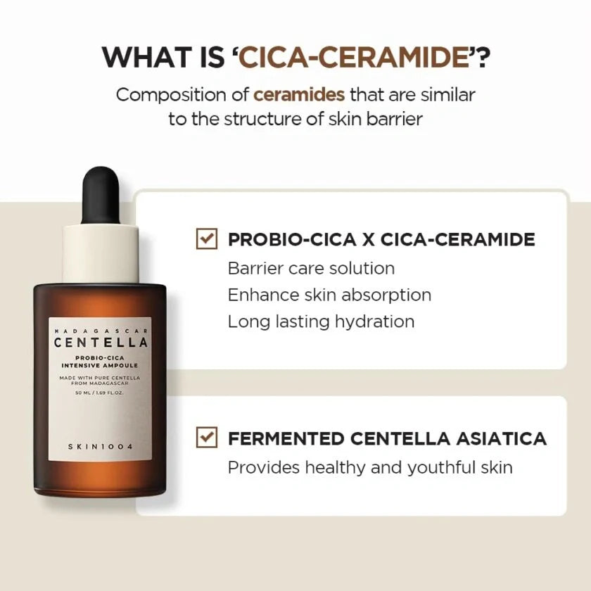 Skincare product with text explaining Cica-Ceramide and its benefits