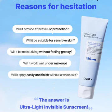 Cosrx sunscreen tube with text on UV protection, suitability for sensitive skin, moisturizing properties, makeup compatibility, and application ease.