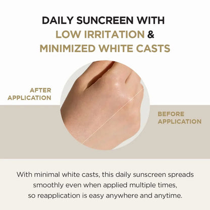 Before and after application of daily sunscreen with minimal white casts.