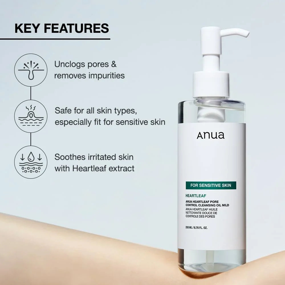 ANUA Heartleaf Pore Control Cleansing Oil Mild – 200ml | Gentle Deep Pore & Makeup Cleanser for Sensitive Skin