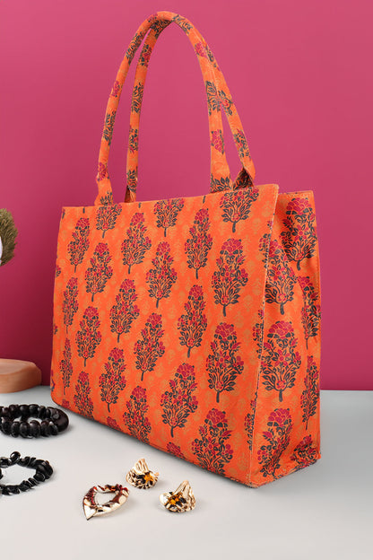 Buy Canvas Tote Bag Orange Floral in Pakistan