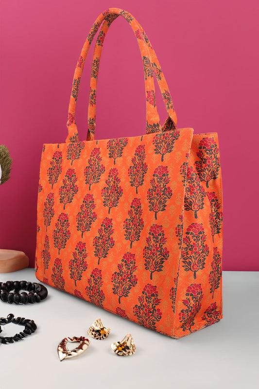 Buy Canvas Tote Bag Orange Floral in Pakistan