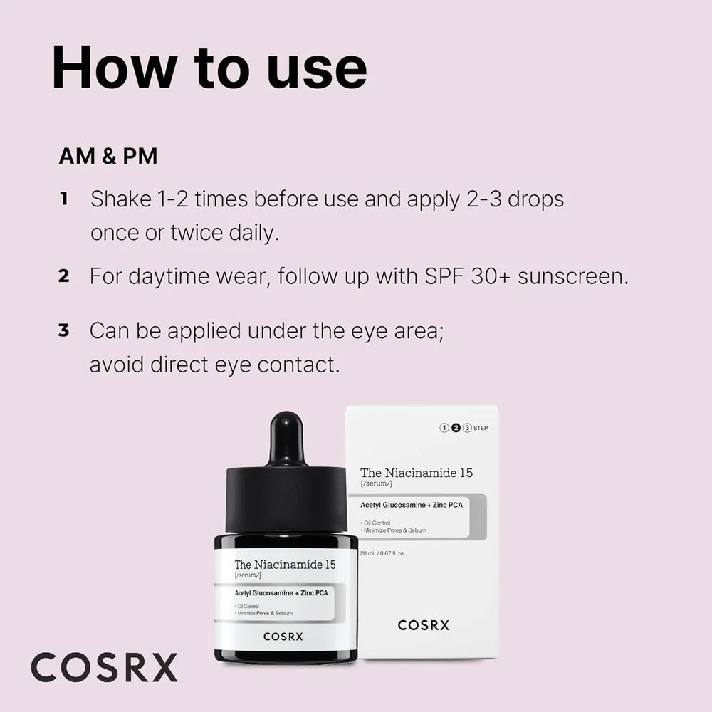 Cosrx skincare product with usage instructions on a pink background