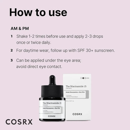 Cosrx skincare product with usage instructions on a pink background