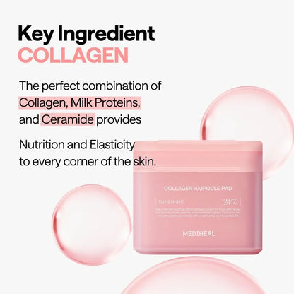 MEDIHEAL Collagen Ampoule Facial Toner Pads 100 Pads | Firming & Hydrating