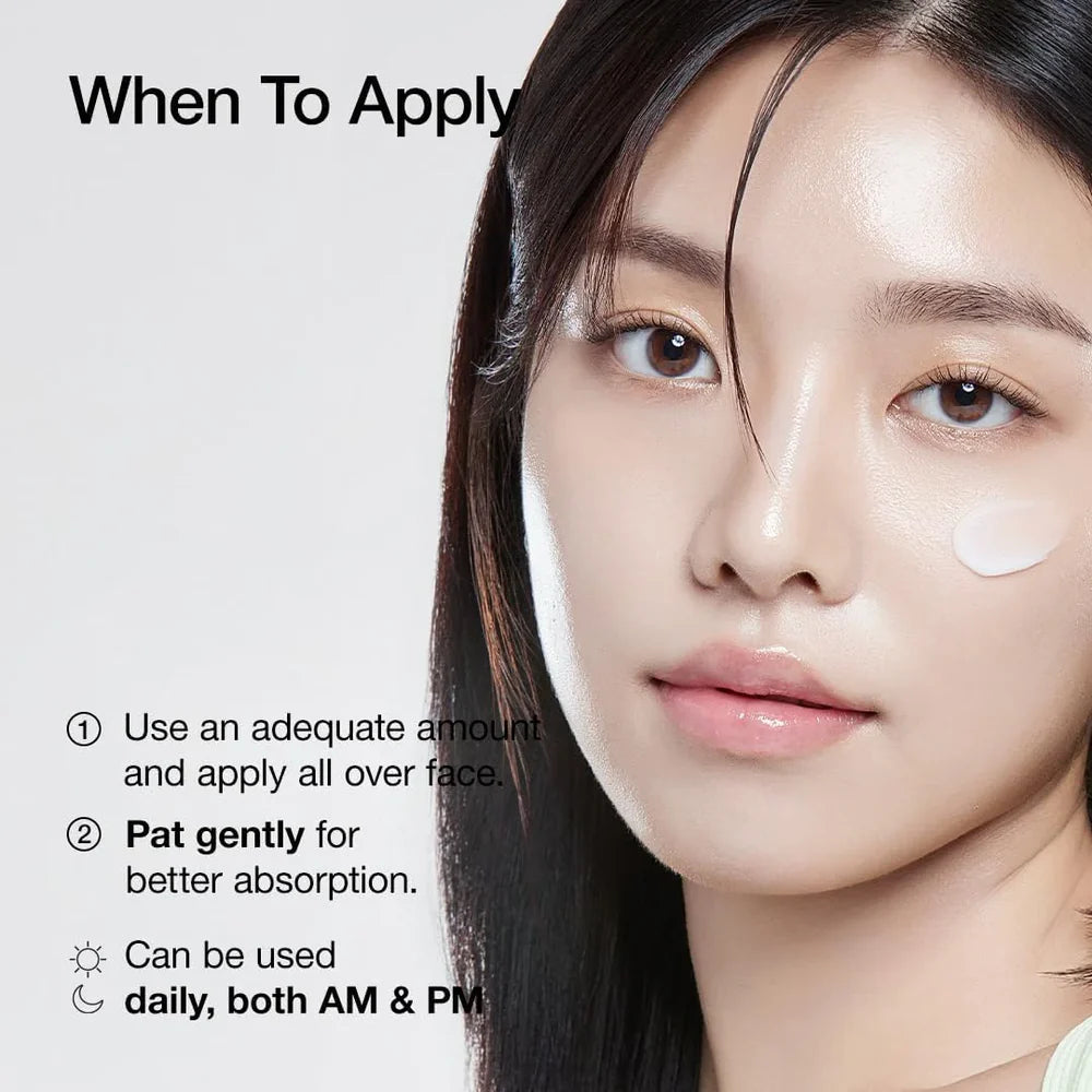 Woman applying skincare product with text on how to use it