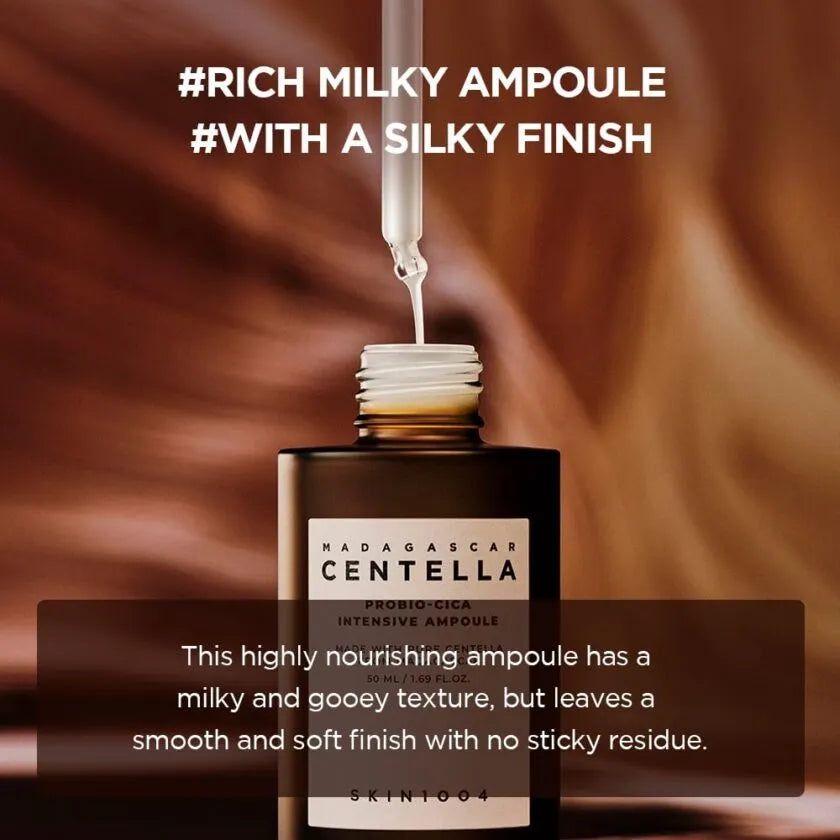 Skincare ampoule being poured with text describing its texture and finish.
