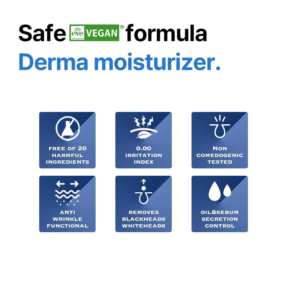 Promotional graphic for Safe Vegan derma moisturizer with icons and text on a white background