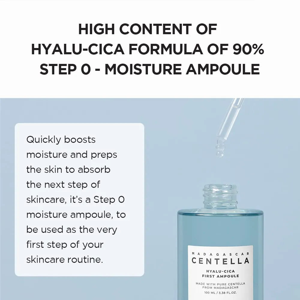 Skincare ampoule with text about hyalu-cica formula and usage instructions.